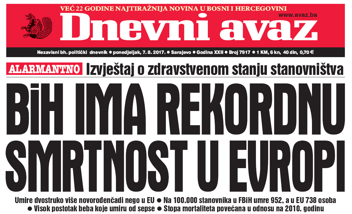 Danas u "Dnevnom avazu" čitajte: BiH ima rekordnu smrtnost u Evropi
