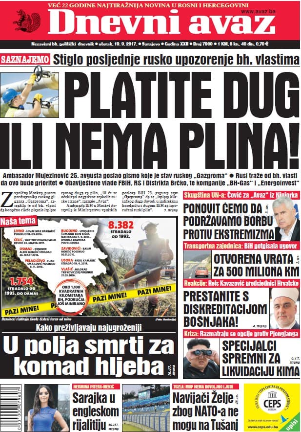 Danas u "Dnevnom avazu" čitajte | Saznajemo: Platite dug ili nema plina!