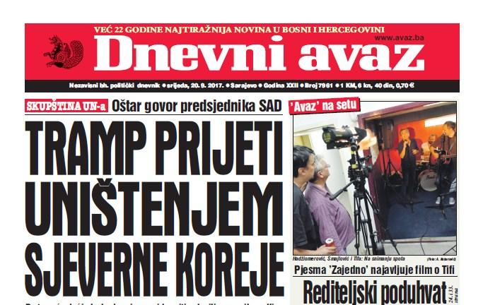 Danas u ''Dnevnom avazu'' čitajte: Tramp prijeti uništenjem Sjeverne Koreje!