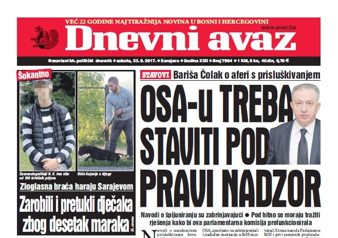 Danas u ''Dnevnom avazu'' čitajte: OSA-u treba staviti pod pravni nadzor