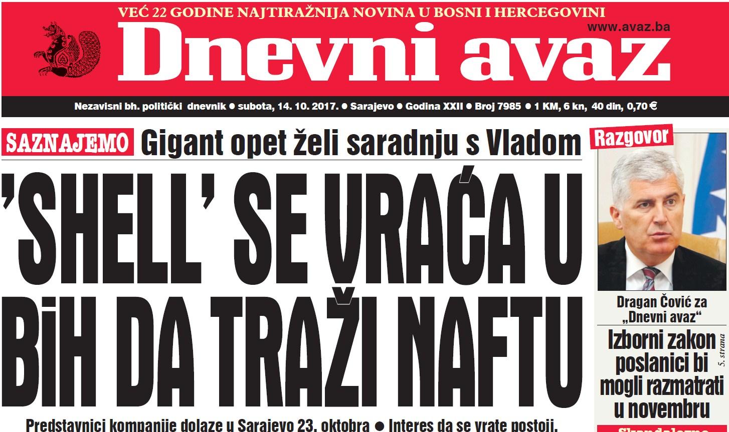 Danas u "Dnevom avazu" čitajte - „Shell“ se vraća u BiH da traži naftu