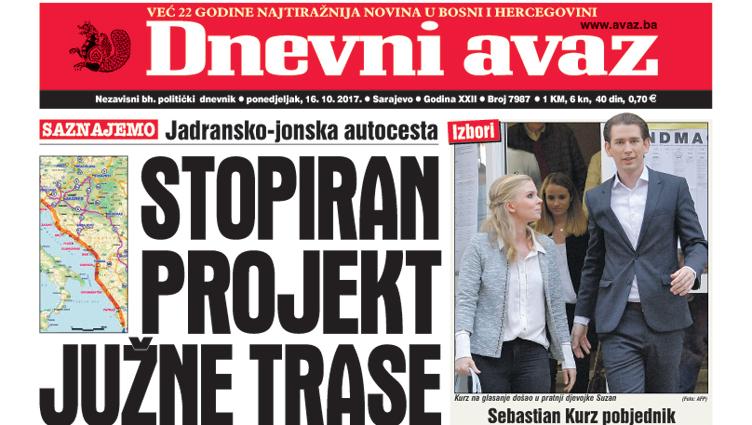 Danas u "Dnevnom avazu" čitajte - Stopiran projekt južne trase