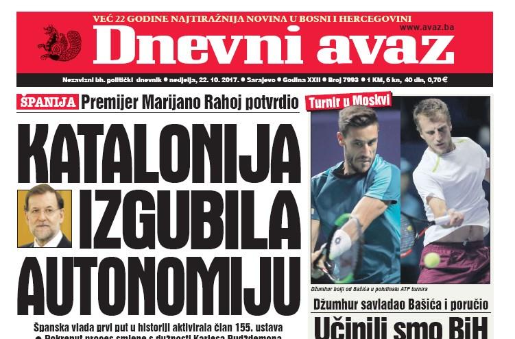 Danas u “Dnevnom avazu” čitajte – Katalonija izgubila autonomiju