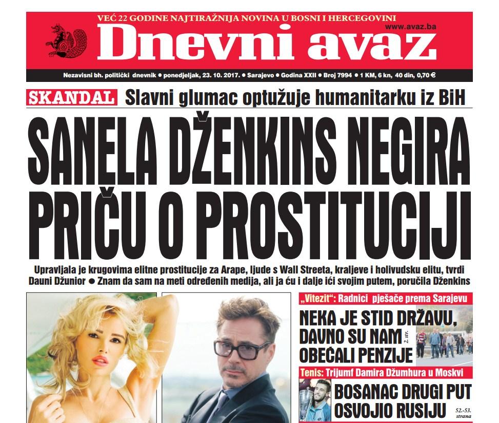 Danas u "Dnevnom avazu" čitajte- SKANDAL: Sanela Dženkins negira priču o prostituciji