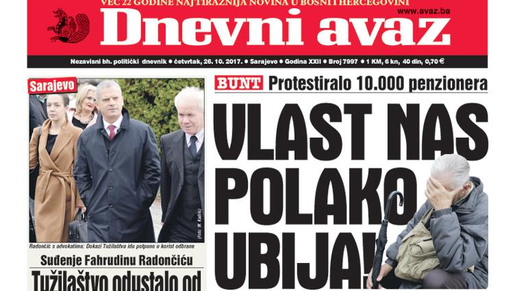 Danas u "Dnevnom avazu" čitajte - Vlast nas polako ubija!