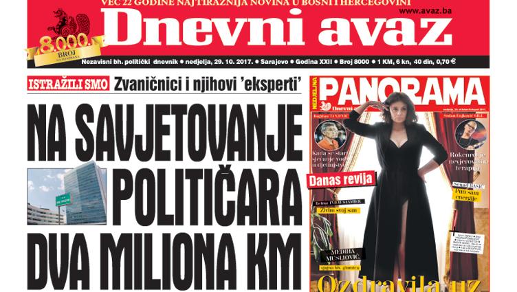Danas u "Dnevnom avazu" čitajte - Na savjetovanje političara dva miliona KM