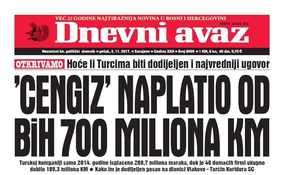 Danas u Dnevnom avazu čitajte – "Cengiz" naplatio od BiH 700 miliona KM