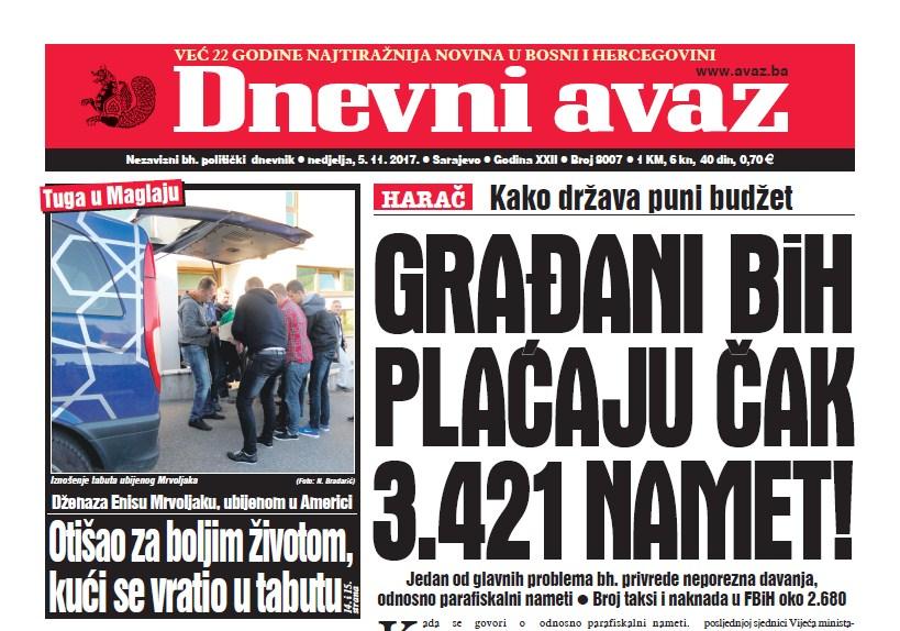 Danas u ''Dnevnom avazu'' čitajte: Građani BiH plaćaju čak 3.421 namet!
