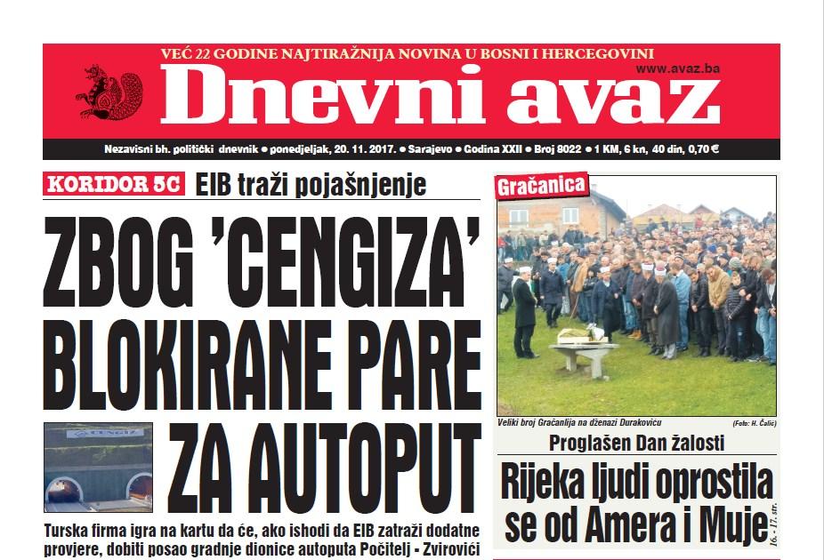 Danas u "Dnevnom avazu" čitajte – Zbog "Cengiza" blokirane pare za autoput