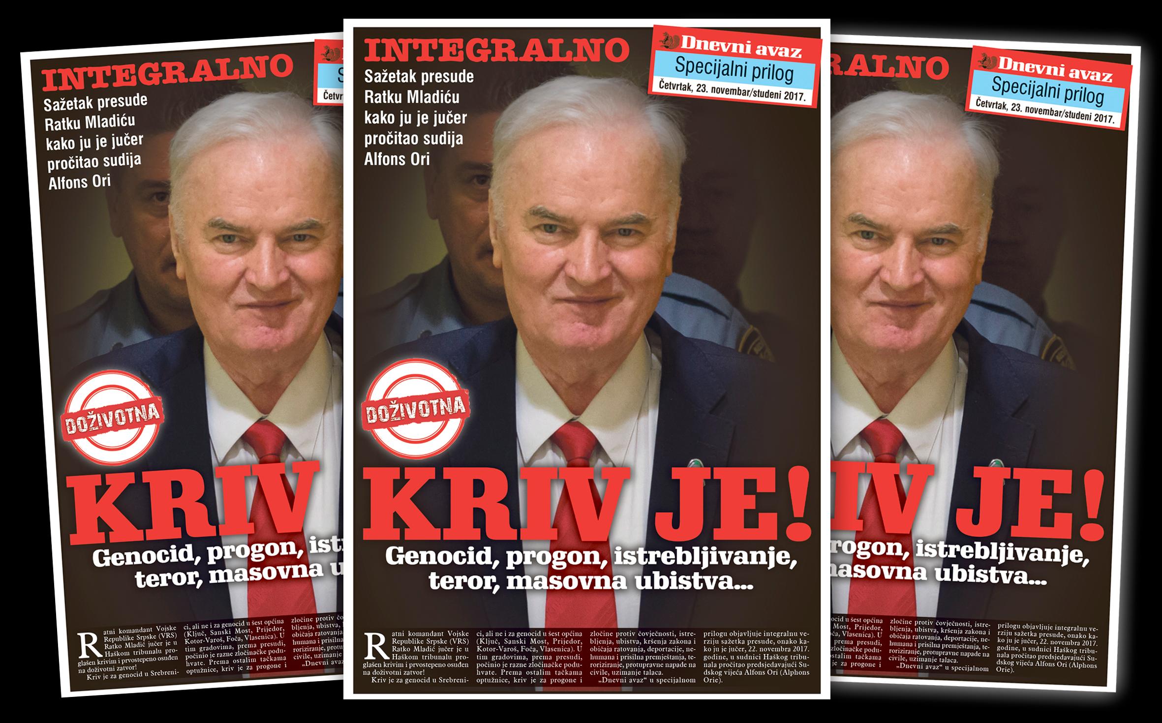 U današnjem broju "Dnevnog avaza": Sažetak presude Ratku Mladiću