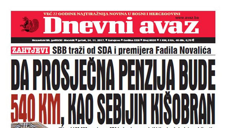 Danas u Dnevnom avazu čitajte – Da prosječna penzija bude 540 KM, kao Sebijin kišobran