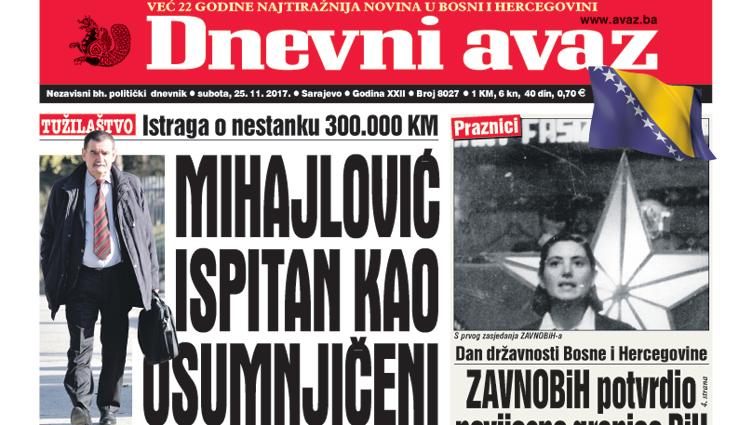 Danas u "Dnevnom avazu" čitajte - Mihajlović ispitan kao osumnjičeni