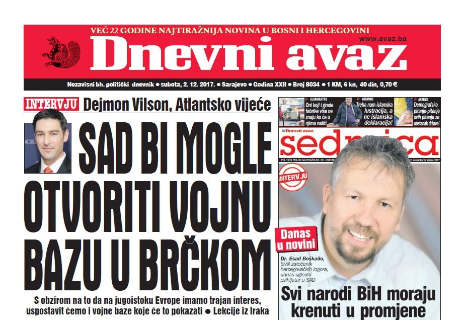 Danas u "Dnevnom avazu" čitajte - SAD bi mogle otvoriti vojnu bazu u Brčkom
