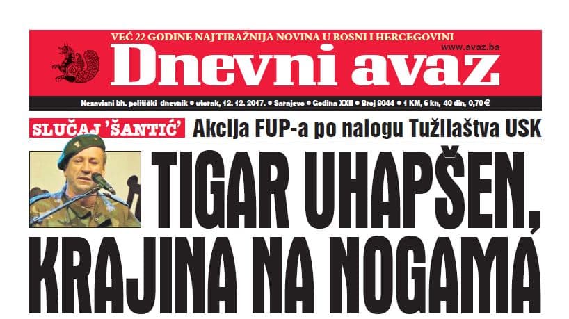 Danas u ''Dnevnom avazu'' čitajte: Tigar uhapšen, Krajina na nogama