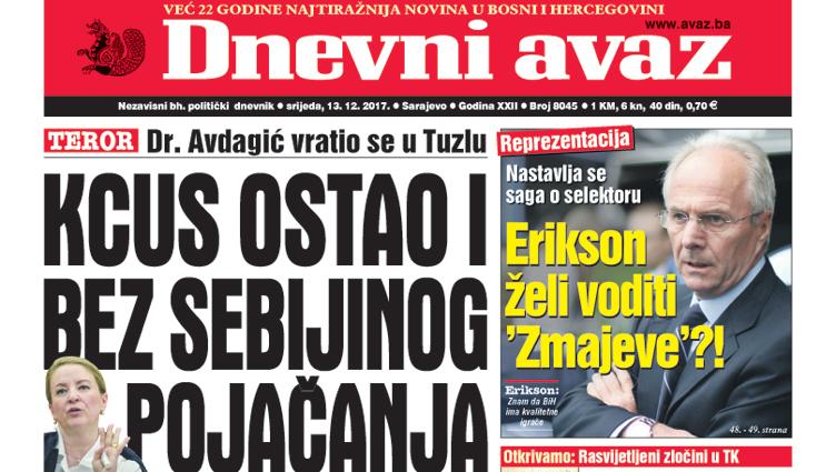 Danas u "Dnevnom avazu" čitajte - KCUS ostao i bez Sebijinog pojačanja