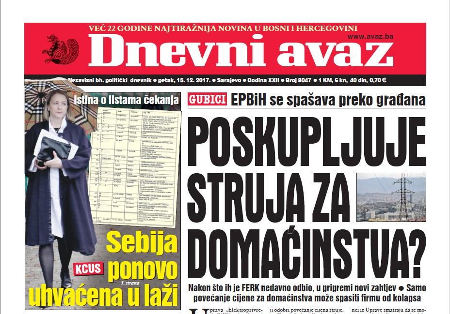 Danas u "Dnevnom avazu" čitajte – Poskupljuje struja za domaćinstva