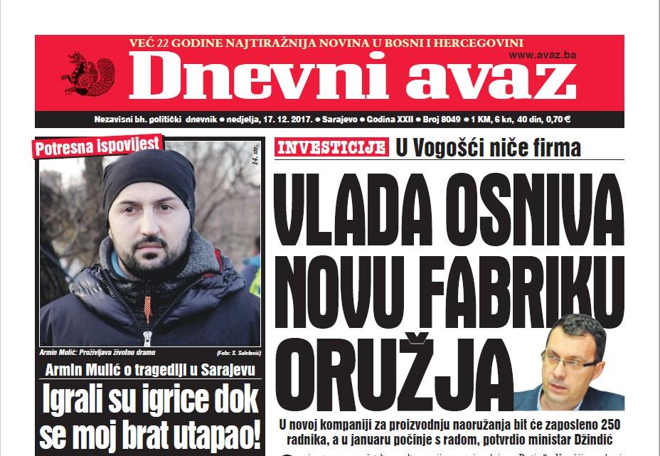 Danas u "Dnevnom avazu" čitajte: Vlada osniva novu fabriku oružja