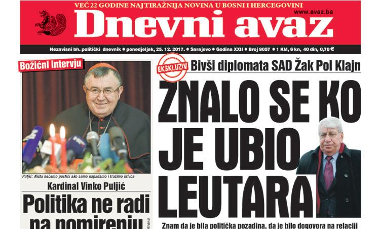 Danas u "Dnevnom avazu" čitajte - Znalo se ko je ubio Leutara
