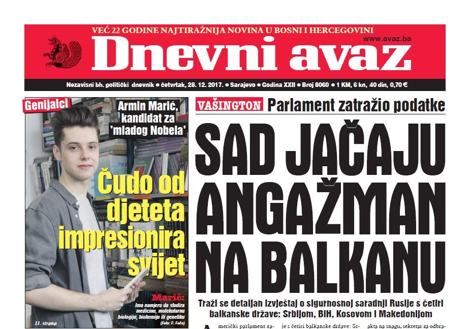 Danas u "Dnevnom avazu" čitaje - SAD jačaju angažman na Balkanu