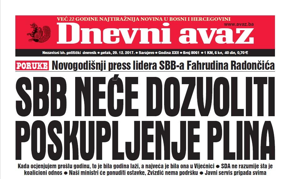 Danas u "Dnevnom avazu" čitajte - SBB neće dozvoliti poskupljenje plina
