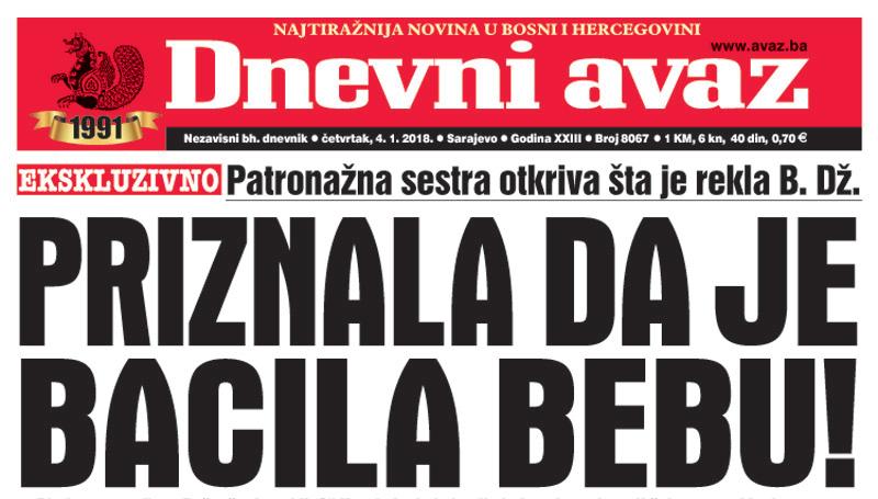 Danas u "Dnevnom avazu" čitajte - Priznala da je bacila bebu!
