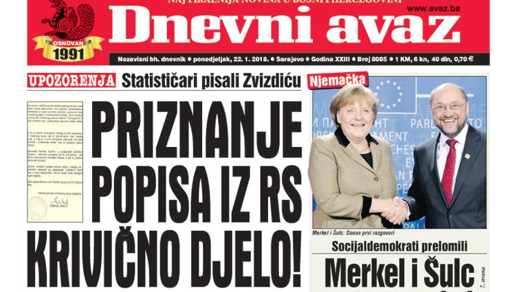 Danas u "Dnevnom avazu" čitajte - Priznanje popisa iz RS krivično djelo!