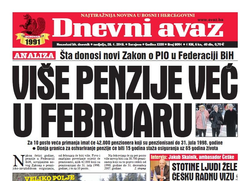 Danas u "Dnevnom avazu" čitajte – Više penzije već u februaru