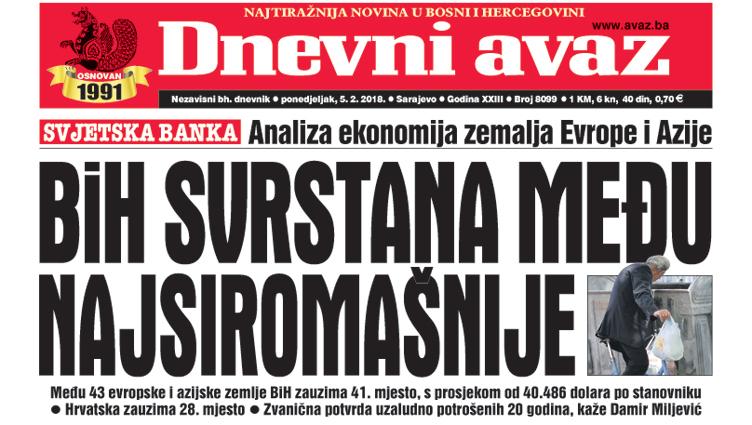 Danas u "Dnevnom avazu" čitajte - BiH svrstana među najsiromašnije