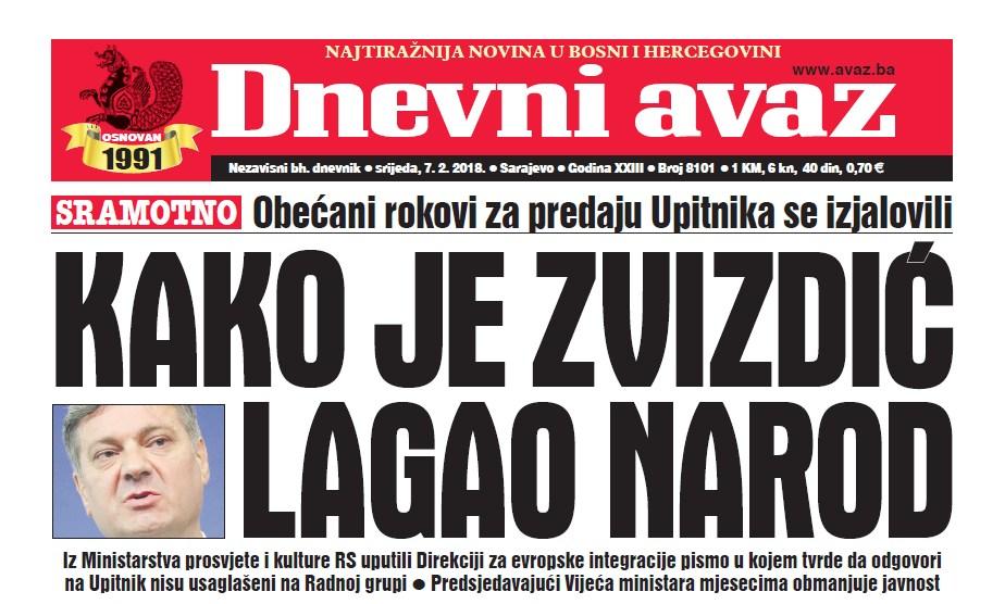 Danas u "Dnevnom avazu" čitajte – Kako je Zvizdić lagao narod
