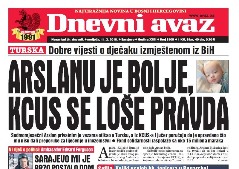 Danas u "Dnevnom avazu" čitajte - Arslanu je bolje, KCUS se loše pravda