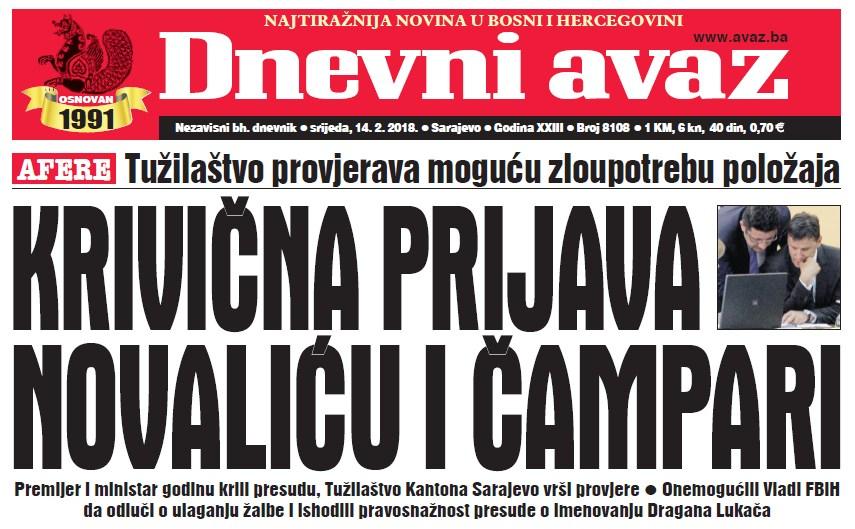 Danas u "Dnevnom avazu" čitajte – Krivična prijava Novaliću i Čampari