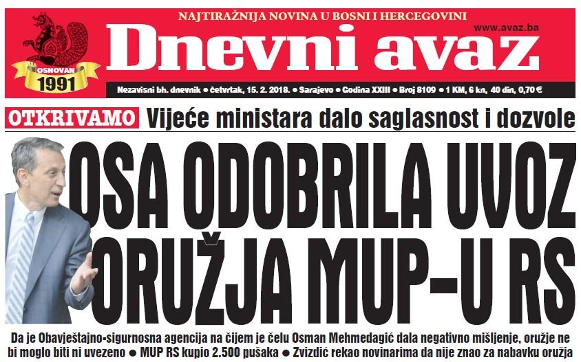 Danas u "Dnevnom avazu" čitajte – OSA odobrila uvoz oružja MUP-u RS