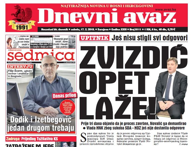 Danas u "Dnevnom avazu" čitajte – Zvizdić opet laže!