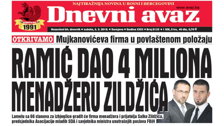 Danas u "Dnevnom avazu" čitajte - Ramić dao 4 miliona menadžeru Zildžića