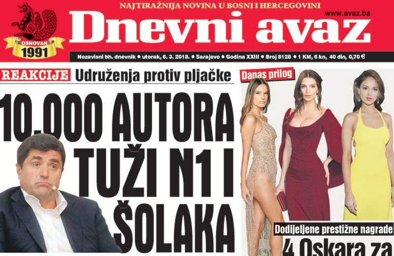 Danas u "Dnevnom avazu" čitajte: 10.000 autora tuži N1 i Šolaka