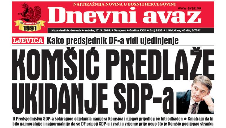 Danas u "Dnevnom avazu" čitajte - Komšić predlaže ukidanje SDP-a