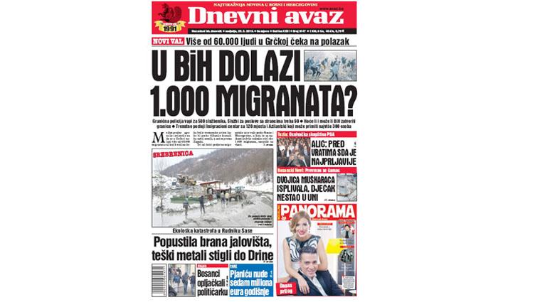 Danas u "Dnevnom avazu" čitajte: U BiH dolazi 1.000 migranata