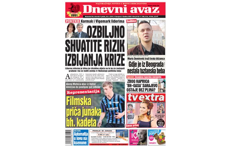Danas u "Dnevnom avazu" čitajte - Ozbiljno shvatite rizik izbijanja krize