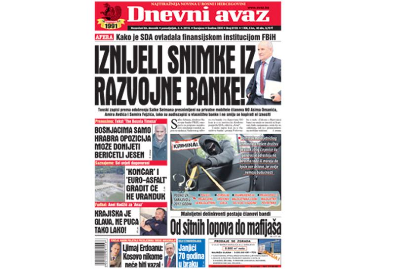 Danas u "Dnevnom avazu" čitajte: Iznijeli snimke iz Razvojne banke