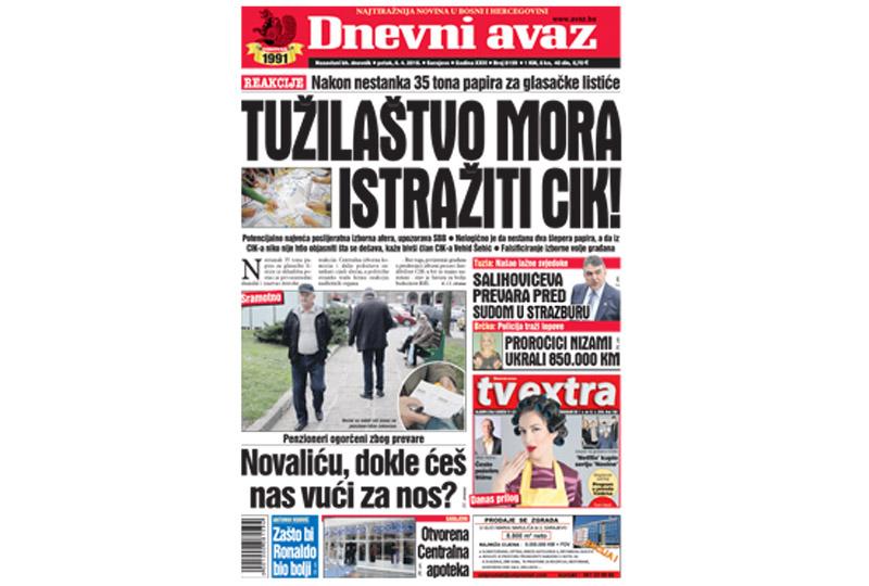 Danas u "Dnevnom avazu" čitajte: Tužilaštvo mora istražiti CIK!