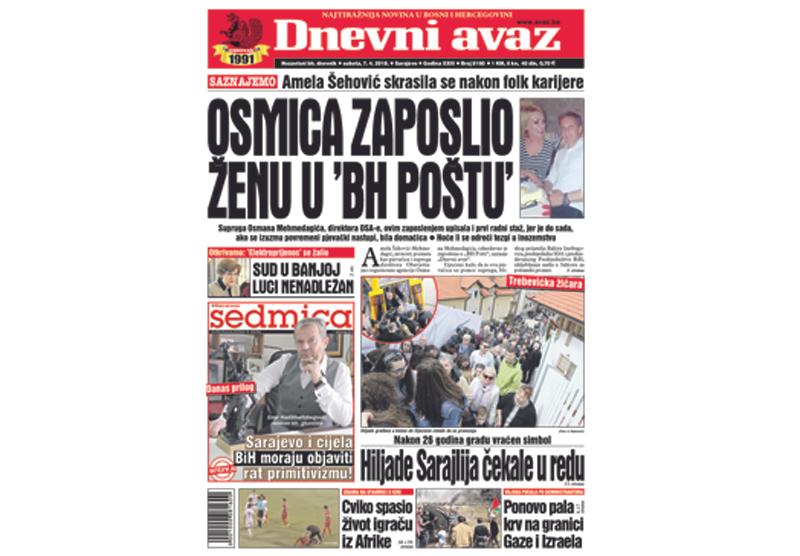 Danas u "Dnevnom avazu" čitajte: Osmica zaposlio ženu u "BH Poštu"