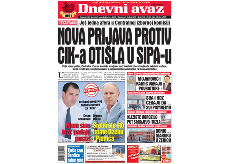 Danas u "Dnevnom avazu" čitajte: Nova prijava protiv CIK-a otišla u SIPA-u