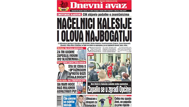 Danas u "Dnevnom avazu" čitajte - Načelnici Kalesije i Olova najbogatiji