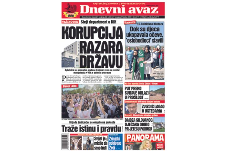 Danas u "Dnevnom avazu" čitajte: Korupcija razara državu