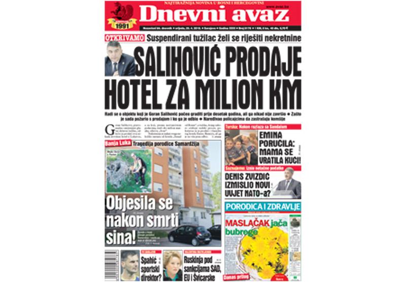 Danas u "Dnevnom avazu" čitajte - Salihović prodaje hotel za milion KM