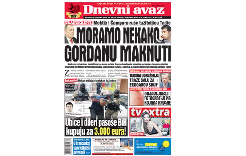 Danas u printanom izdanju "Dnevnog avaza" čitajte: Moramo nekako Gordanu maknuti