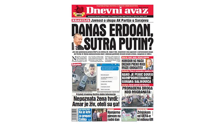 Danas u "Dnevnom avazu'' čitajte - Danas Erdoan, sutra Putin?