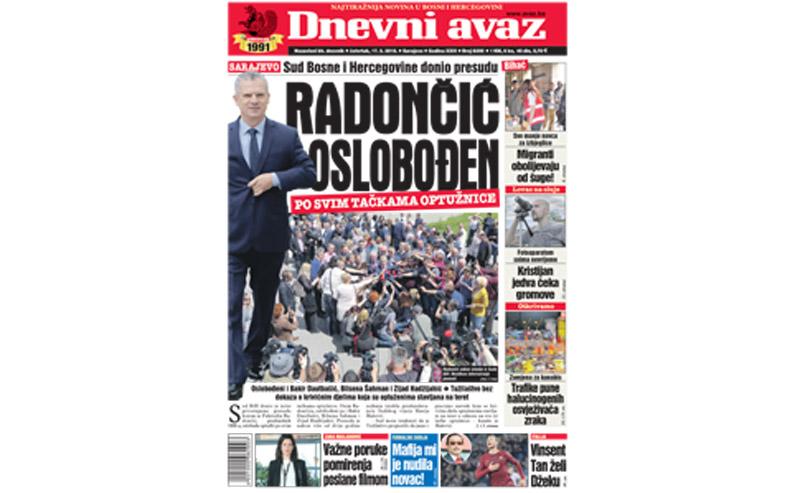 Danas u "Dnevnom avazu" čitajte: Radončić oslobođen