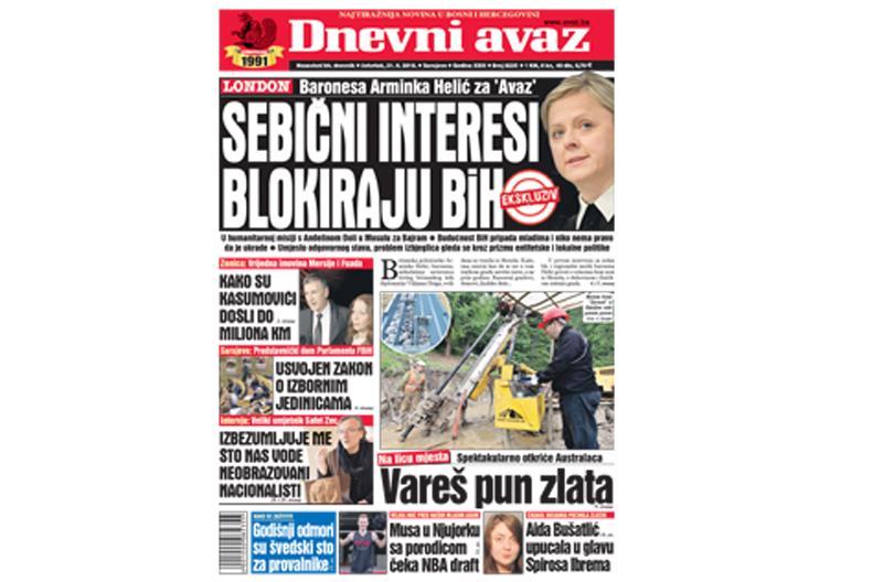 Danas u "Dnevnom avazu" čitajte: Sebični interesi blokiraju BiH