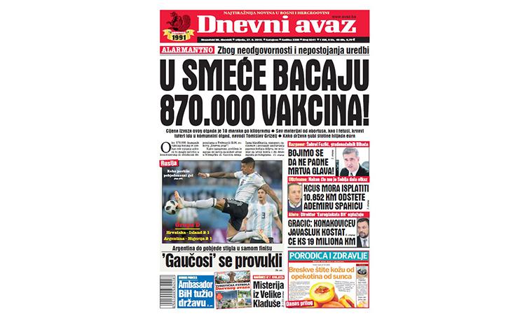 Danas u "Dnevnom avazu" čitajte: U smeće bacaju 870.000 vakcina!